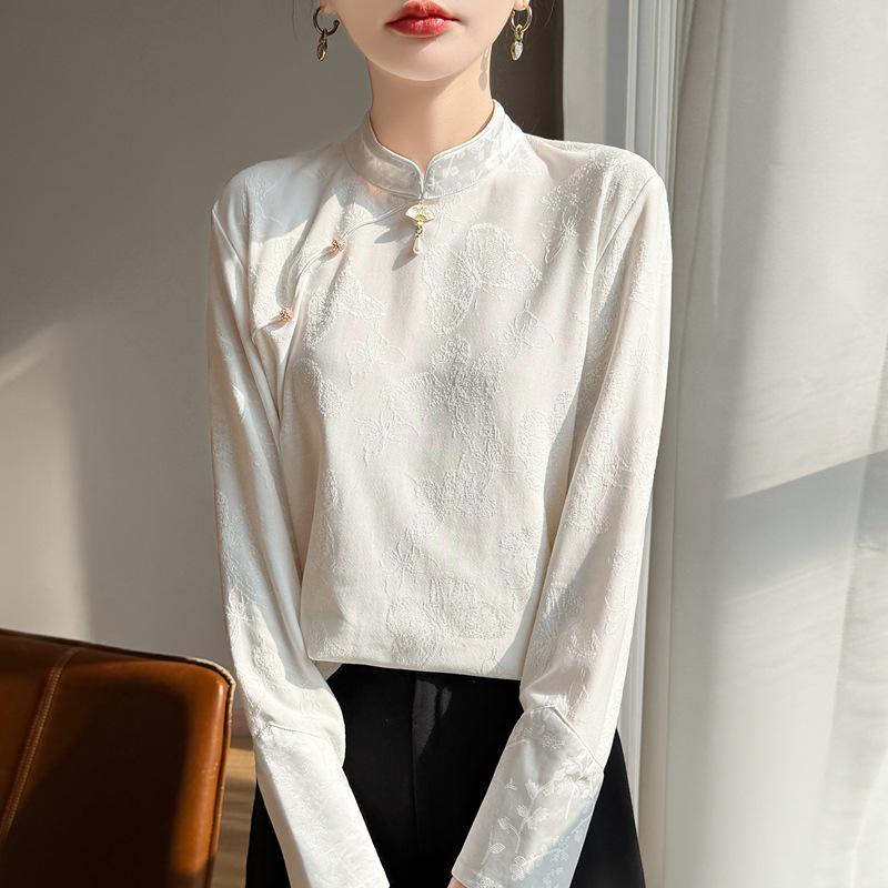 Premium Chinese Style Satin Jacquard Embroidered Diagonal Lapel Shirt for Spring and Autumn