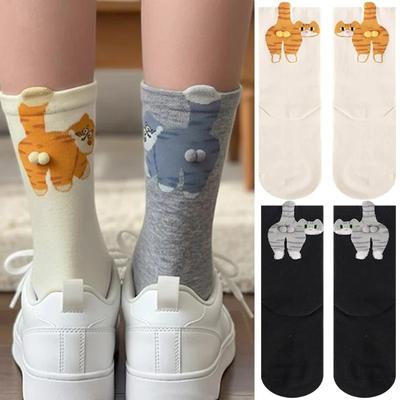1/2/3pairs Cartoon Cute 3D Cat Butt Mid-Tube Socks Cotton Soft Socks Funny Cat Egg Floor Sock for Women Girls Couple Gifts