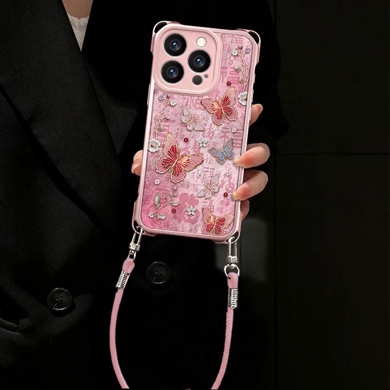 Baifu Butterfly is suitable for Apple 17Pro mobile phone case 16 new bracket case 15p glacier pattern 14 lanyard 13 advanced