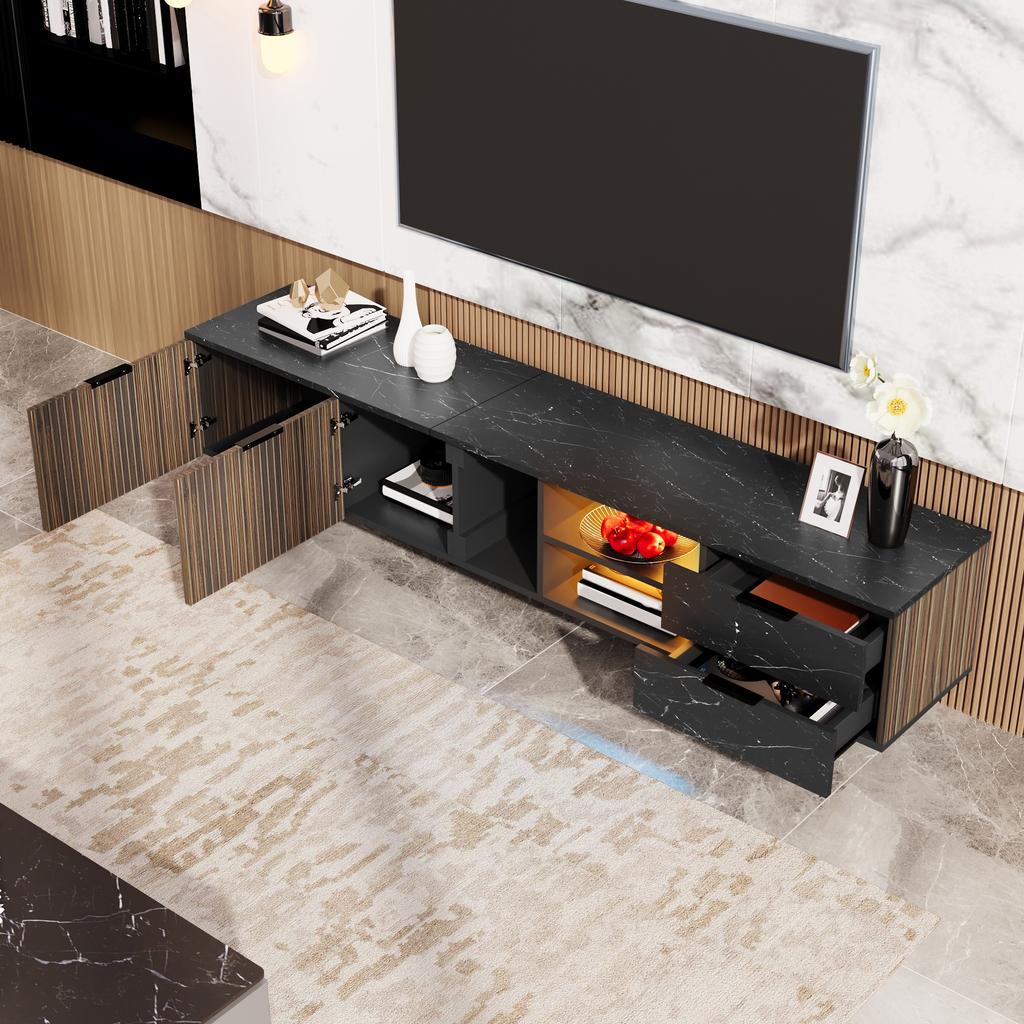 200cm TV Cabinet with Black Marble Look, Dark Wood Grain Doors, Adjustable LED Lighting, Two Doors and Two Drawers, Suitable for Robot Vacuum Cleaners