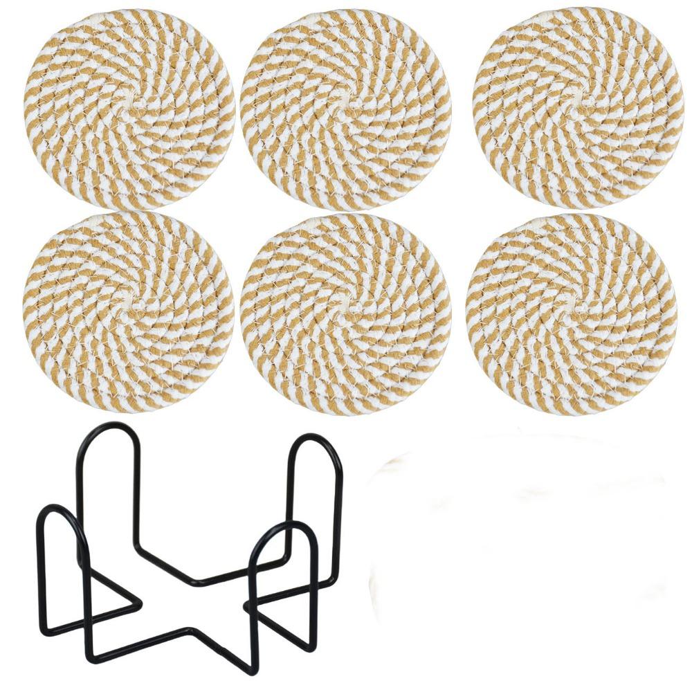 6Pcs Heat-resistant Woven Round  Coaster Set with Holder Tableware Mat Cup Coaster  Household