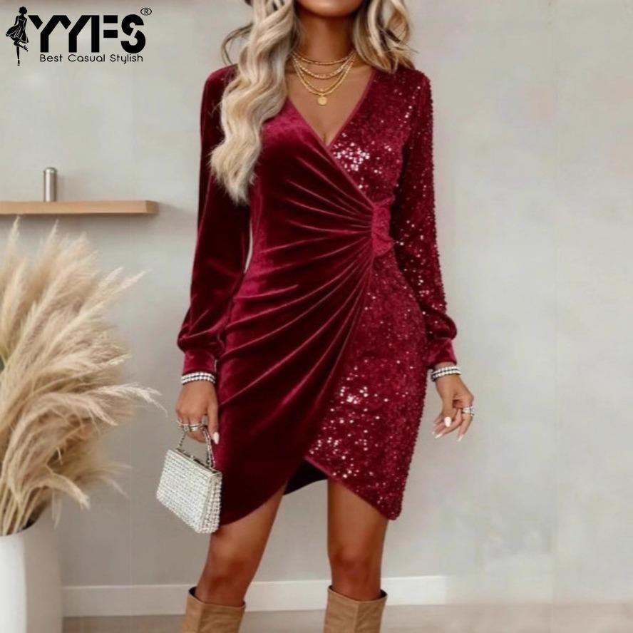 YYFS Abiti casual a vita alta con scollo a V a maniche lunghe con stampa tinta unita primavera autunno moda donna
