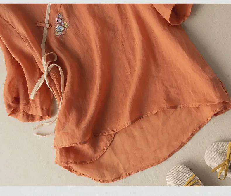 Damen 2024 Sommer Locker Geschnittenes Baumwollleinen Besticktes Hemd mit Schrägkragen, Kurzen Ärmeln und Nationalem Stil