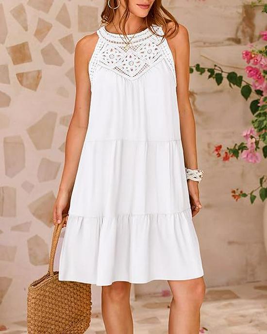 European-American Women's Lace Patchwork Halter A-Line Dress - Spring/Summer 2025 Collection