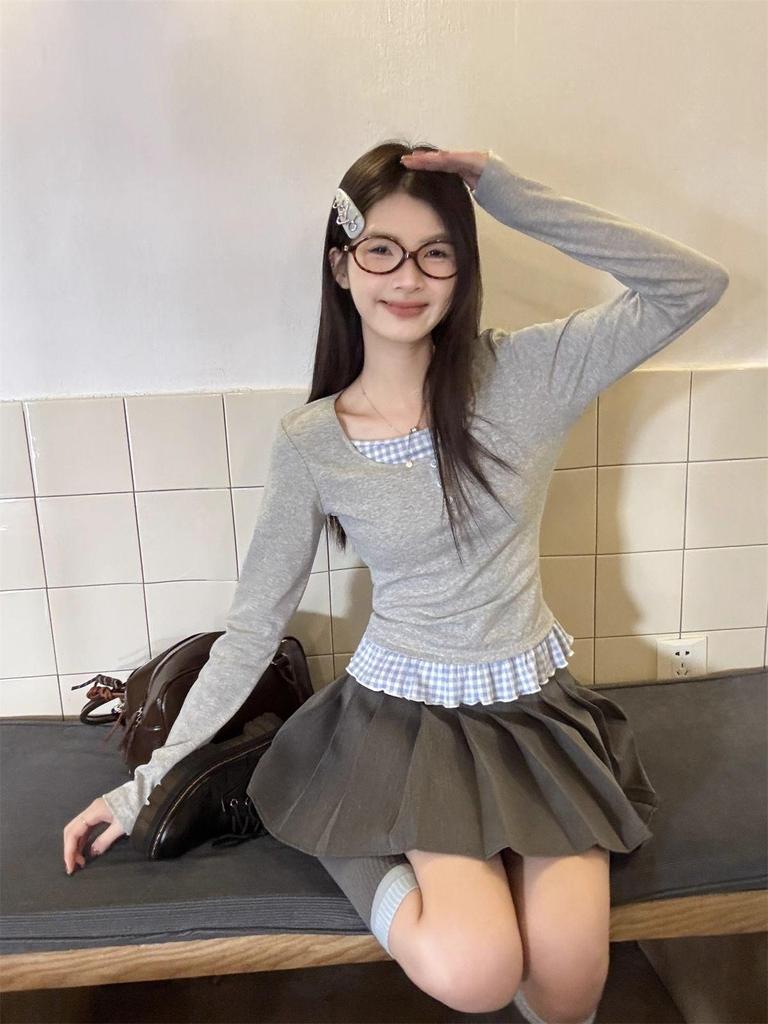 Gray Two-Piece Style Long Sleeve Shoulder Stitch T-Shirt - Women's Slim Fit Short Top for Spring