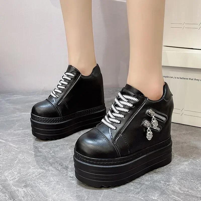 Fashion Fall Women Pumps Vintage Round Toe Wedges Female High Heel Shoes Sexy Nightclub Platformance Increased InternaI 10CM Shoes Black