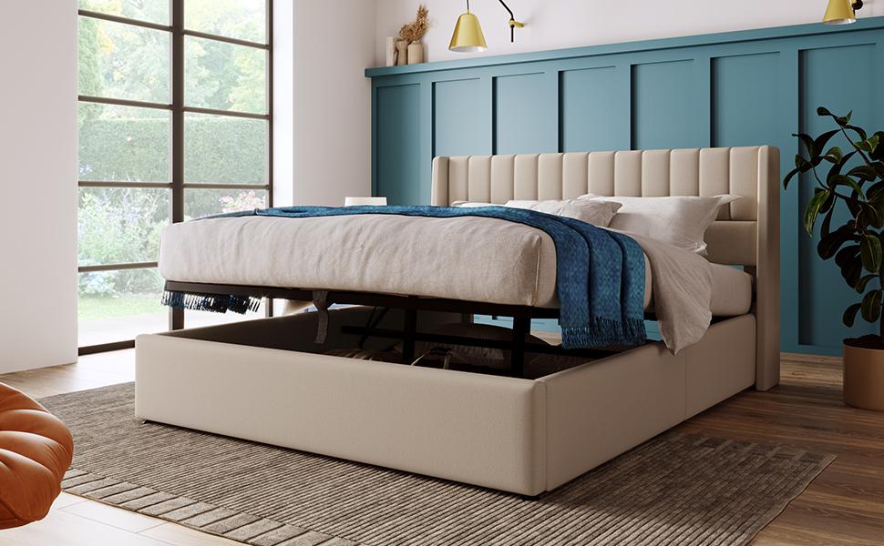 (=465758AAB)Storage Bed Upholstered Bed Hydraulic Double Bed 180x200cm, Wooden Slatted Frame, Bed with Slatted Frame Made of Metal Frame, Linen, Beige
