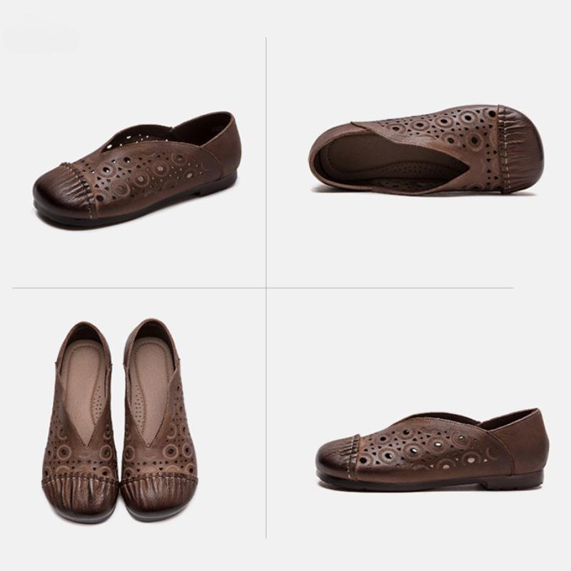 Johnature Retro-Echtleder, ausgehöhlt, atmungsaktiv, flache Schuhe, runde Zehen, lässige Damen-Slip-on-Schuhe