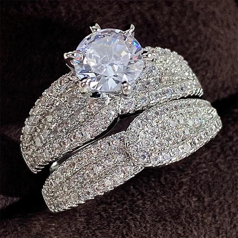 2Pcs Set Full Bling Iced Out Cz Rings Fashion Jewelry For Women /Gold Color Luxury Wedding Accessories