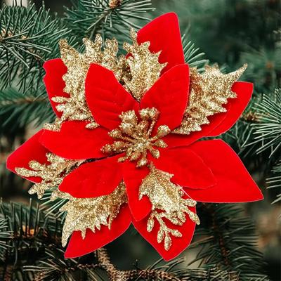 Umělá vánoční květina poinsettia červená zlatá třpytivá falešná květina pro ozdoby na vánoční stromek květinová párty domácí dekorace
