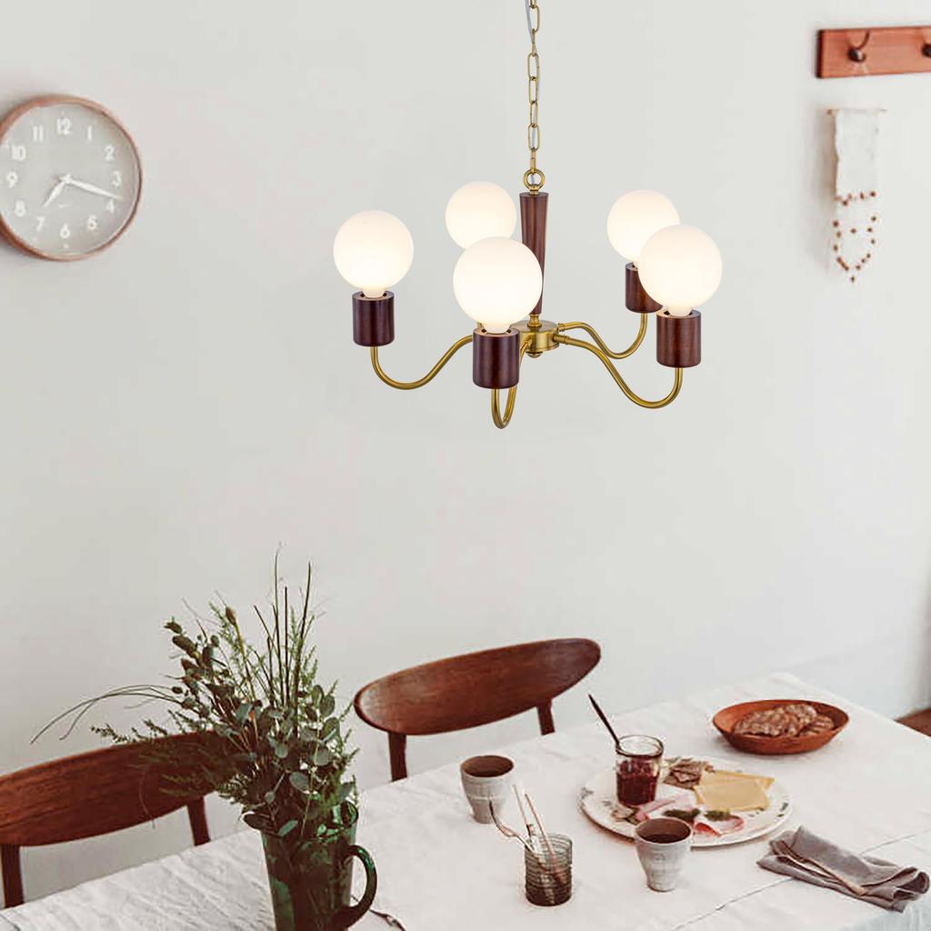 Chende Pendant Light Chandelier Retro Wood Brass LED Compatible 5 Lights Nordic Interior Ceiling Light Fixture Stylish Classic Antique Dining Room