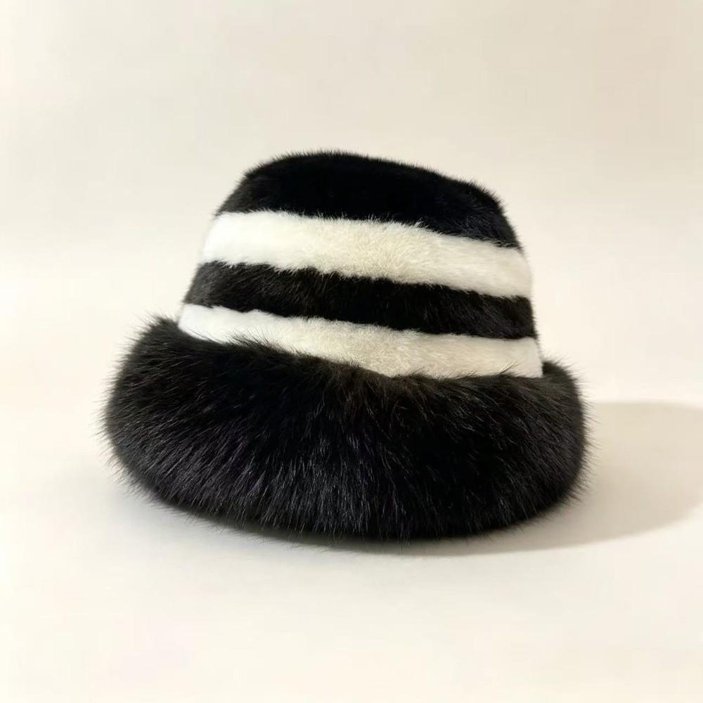 Wide Brim Fur Bucket Hat Faux Fur Striped Fisherman Cap Fashion Plush Hat Winter