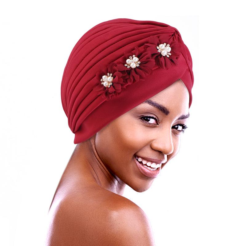 Flower Pearl Turban Pleated Inner Hijab Hat Women Chemo Cap Muslim Headscarf Beanies Bonnet Arab Islamic Hair Loss Turbante