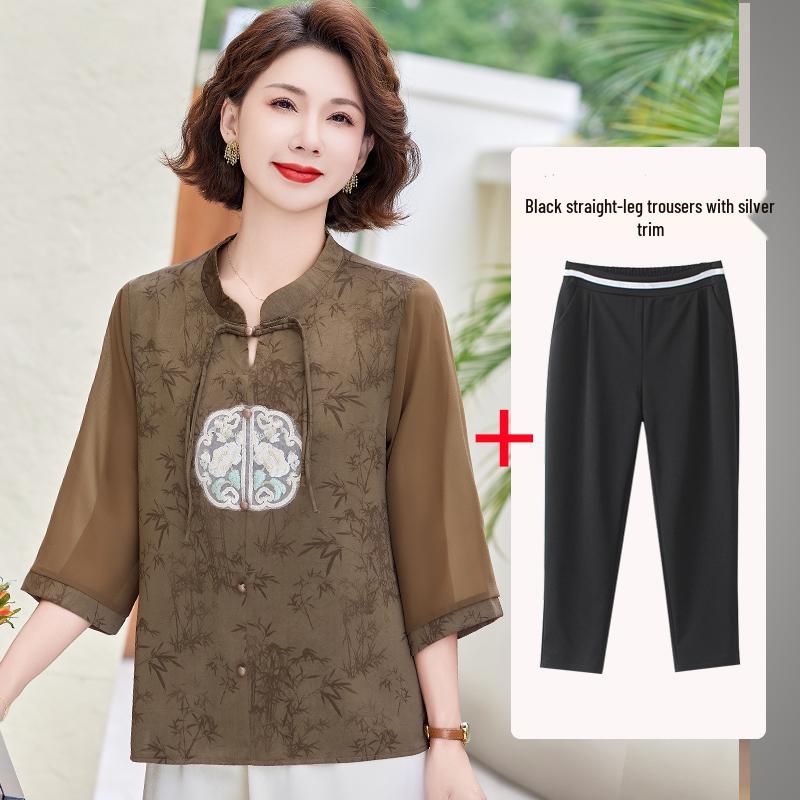 Mom's New Summer Chiffon Blouse: Chinese-Style Two-Piece Set for Middle-Aged & Elderly Women