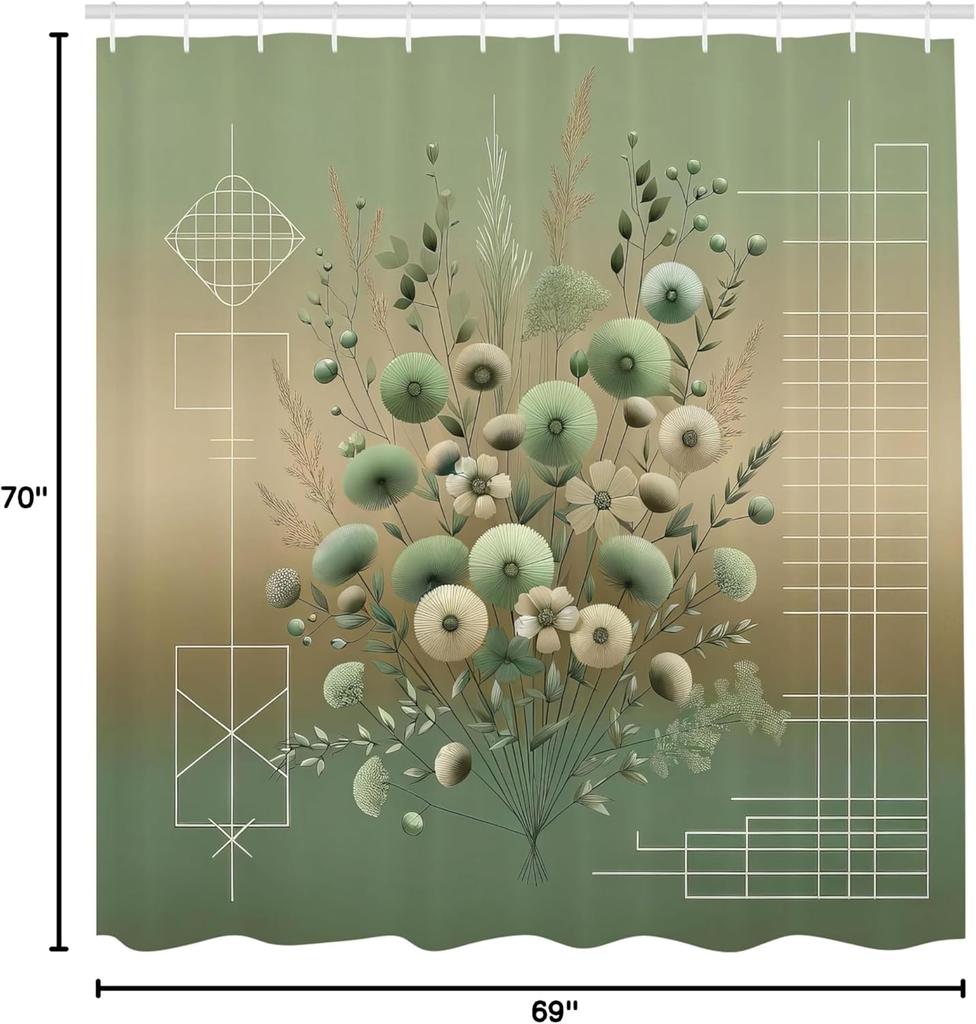Sage Green Shower Curtain, Modern Japanese Floral Huddle With Geometric Lines On Blurry Effect Back, Cloth Fabric Bath