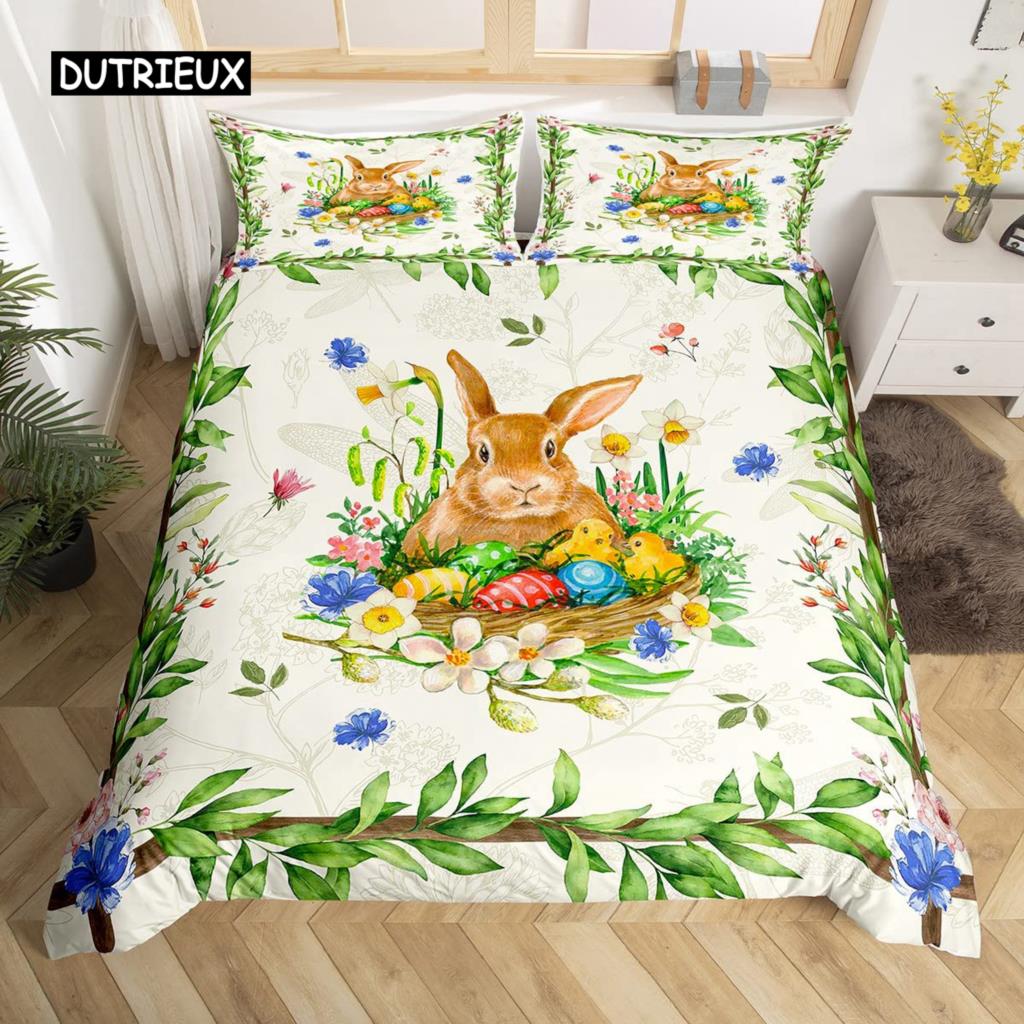 Easter Rabbit Tail Comforter Cover Pastel Pink Tulip Flowers Duvet Cover Twin Easter Eggs Kawaii Animal Bedding Set Easter Decor