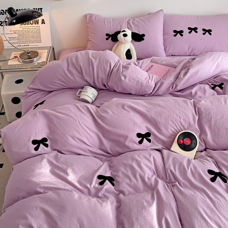 Black Bow Embroidery Duvet Cover 3 Pieces Set Girl Adult Bedroom Pink Decor Quilt Cover Solid Color Bedding with 2 Pillowcases