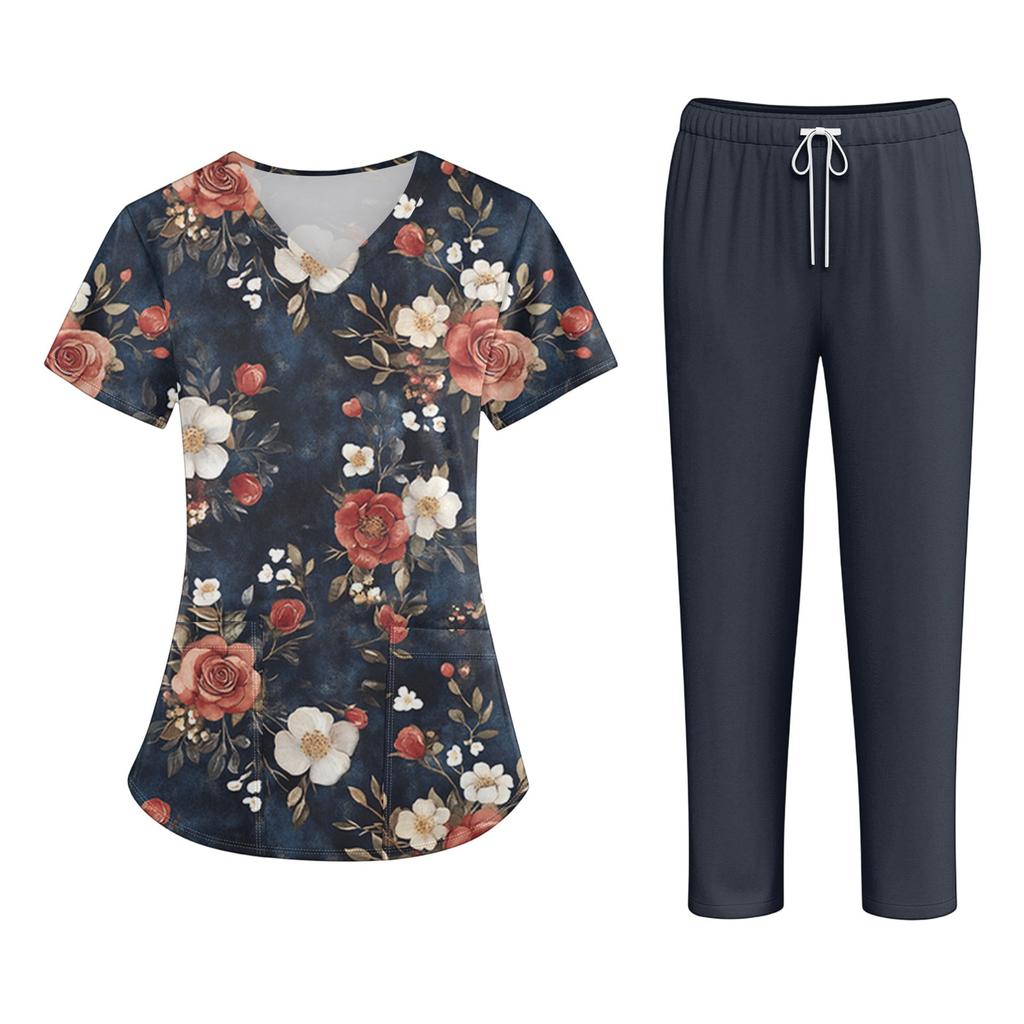 Plus SizePrinted Scrub Working Uniform Tops For Women's Cross V-Neck Halloween Print Short Sleeve Fun T-Shirts Workwear Tee With Pockets