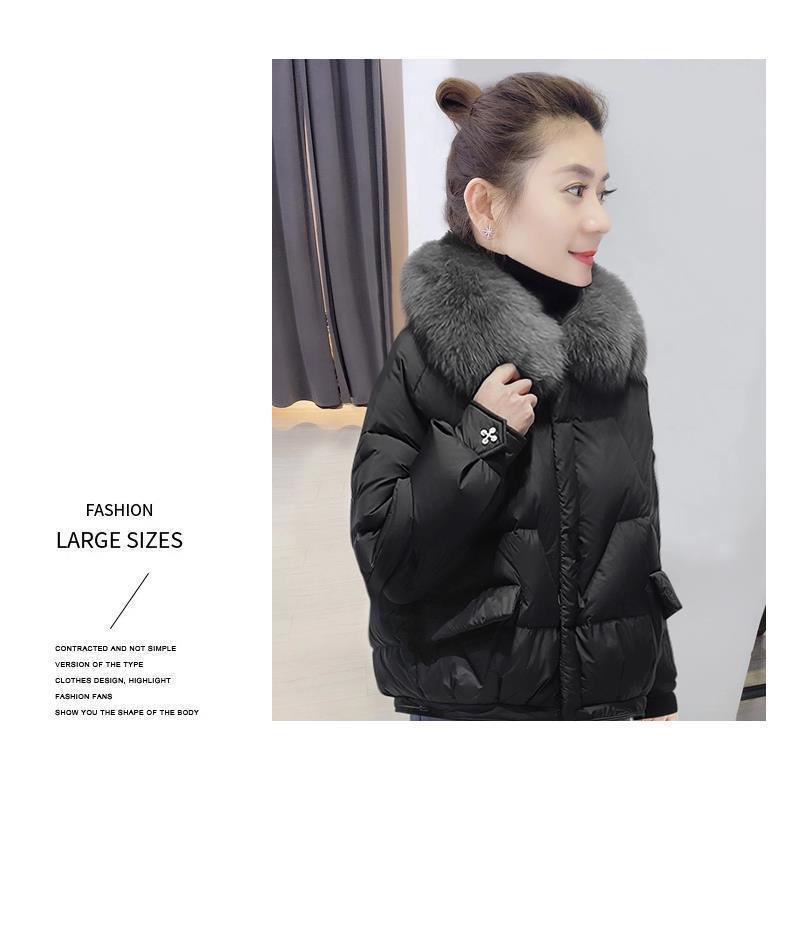 Plus Size Women's Winter Coat with Fur Collar - Shiny, Loose Down Cotton Fashion Jacket