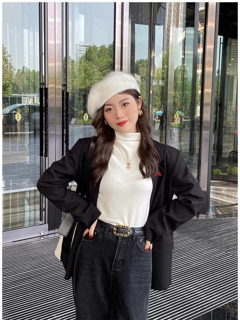 Women's Autumn/Winter 2024 Thick Velvet Half-High Collar Slim Fit Long-Sleeve Top