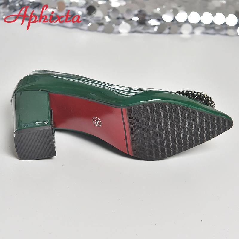 Aphixta Bing Big Crystals Round Buckle 7cm Chunky Heels Pumps Women Shoes Dark Green and Leisure Pointed Toe Pumps