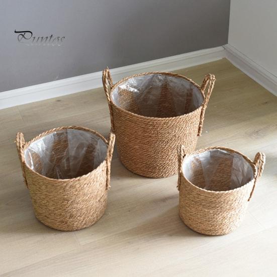 Natural Fiber Plant Containers Woven Seagrass Pot with Handle, Built-in Plastic Film Lining Eco-friendly Home Organizers Storage Basket, Rattan Flower