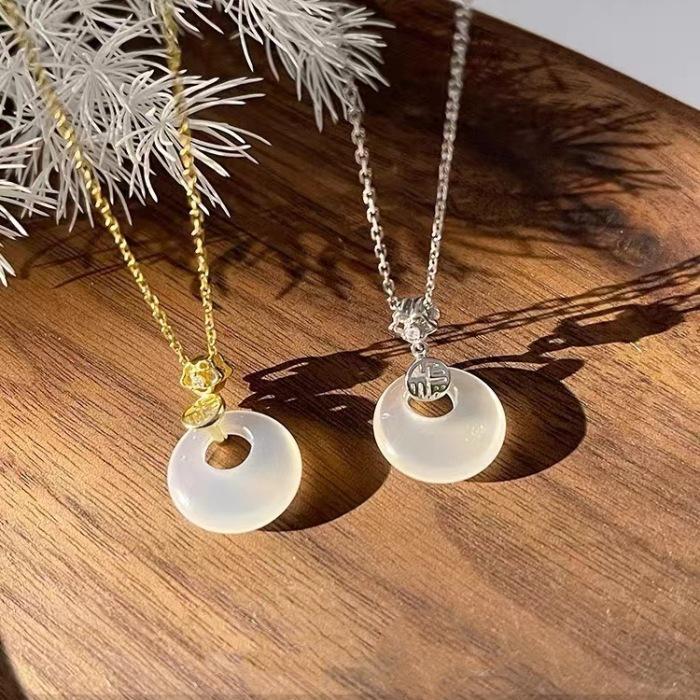 925 Sterling Silver Fu Character White Chalcedony Lychee Jelly Necklace for Women - Trendy Korean Style Clavicle Chain