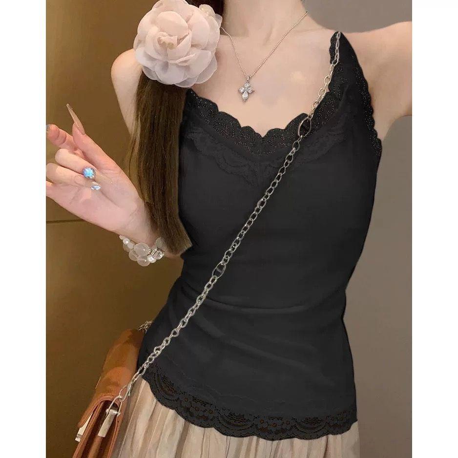 

V-neck Lace Camisole Vest for Women - 92% Cotton, Plus Size, Spring/Summer Top L чёрный