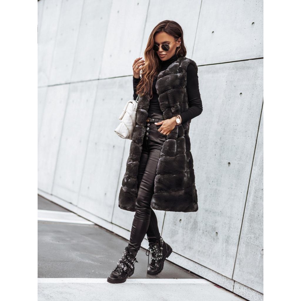 Women's Winter Autumn Long Faux Fur Vest Sleeveless Jacket Casual Outerwear For European American Style