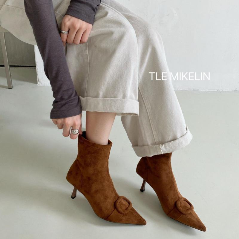 Hong Kong style short boots women's suede autumn and winter square buckle sleeve thin boots thin heel pointed bare boots thin heel fashion boots