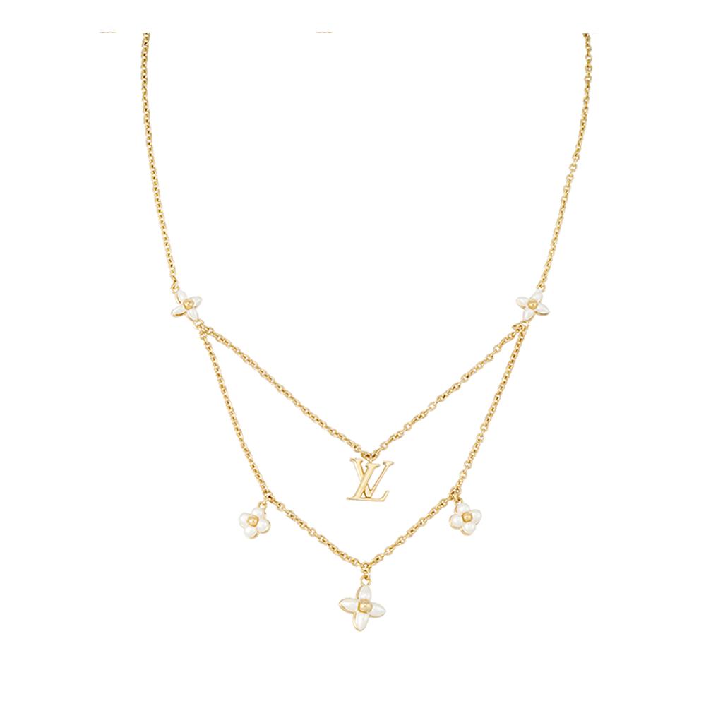

Louis Vuitton Floragram Beaded Floral Double Chain Adjustable Resin Metal Necklace Women necklace Gold M00981 Box+Shopping Bag