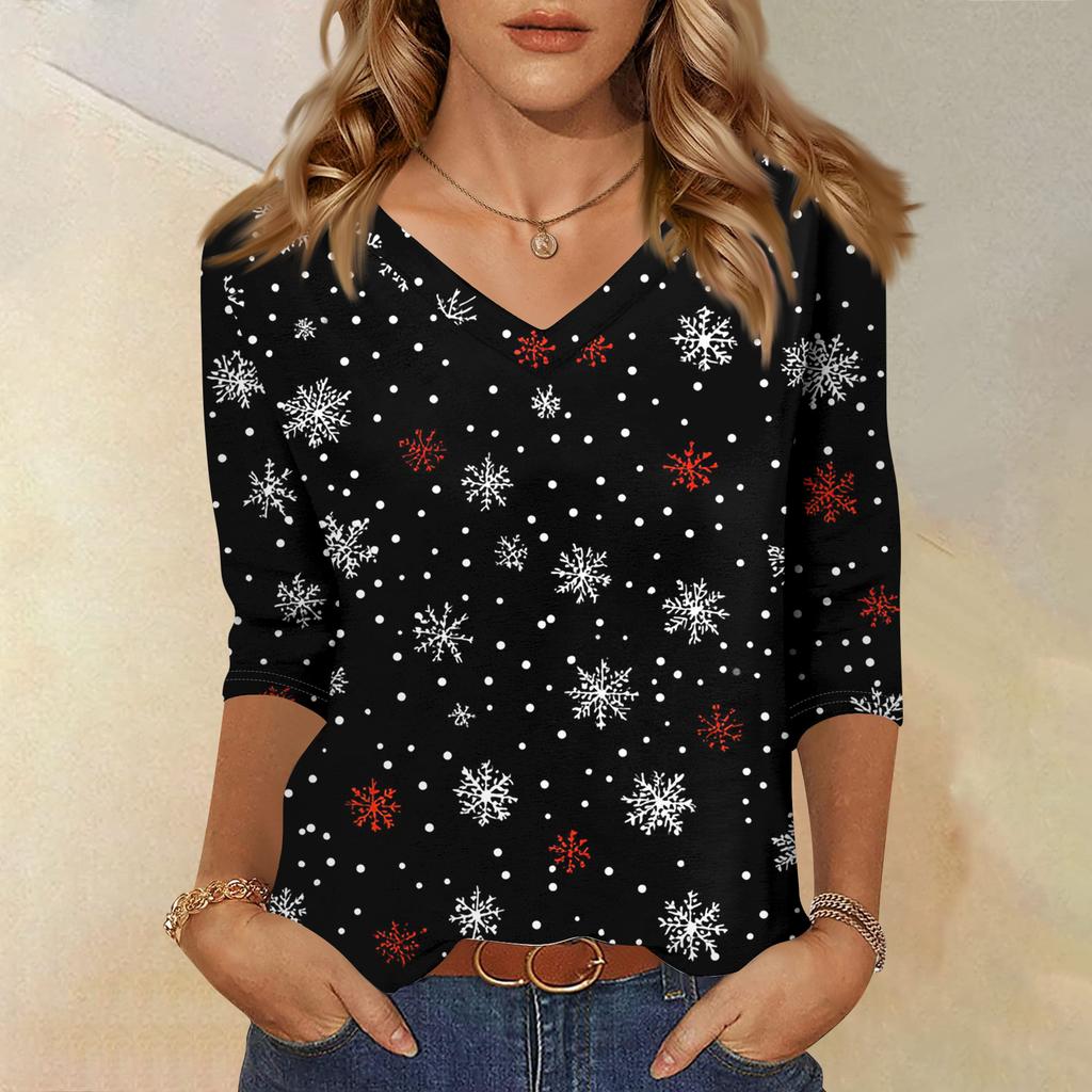 Women's T Shirt CHristmas Print 3/4 Sleeve Daily Weekend Fashion Basic V- Neck Regular Top