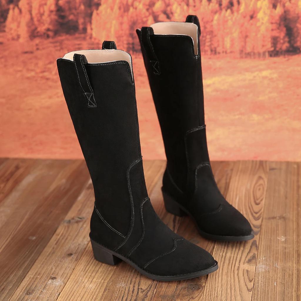 2024 Winter Belt Buckle Shoes for Female Side Zip Women's Knee-High Boots Low Heel Women's Shoes Plus Size Hot Sale Ladies Boots