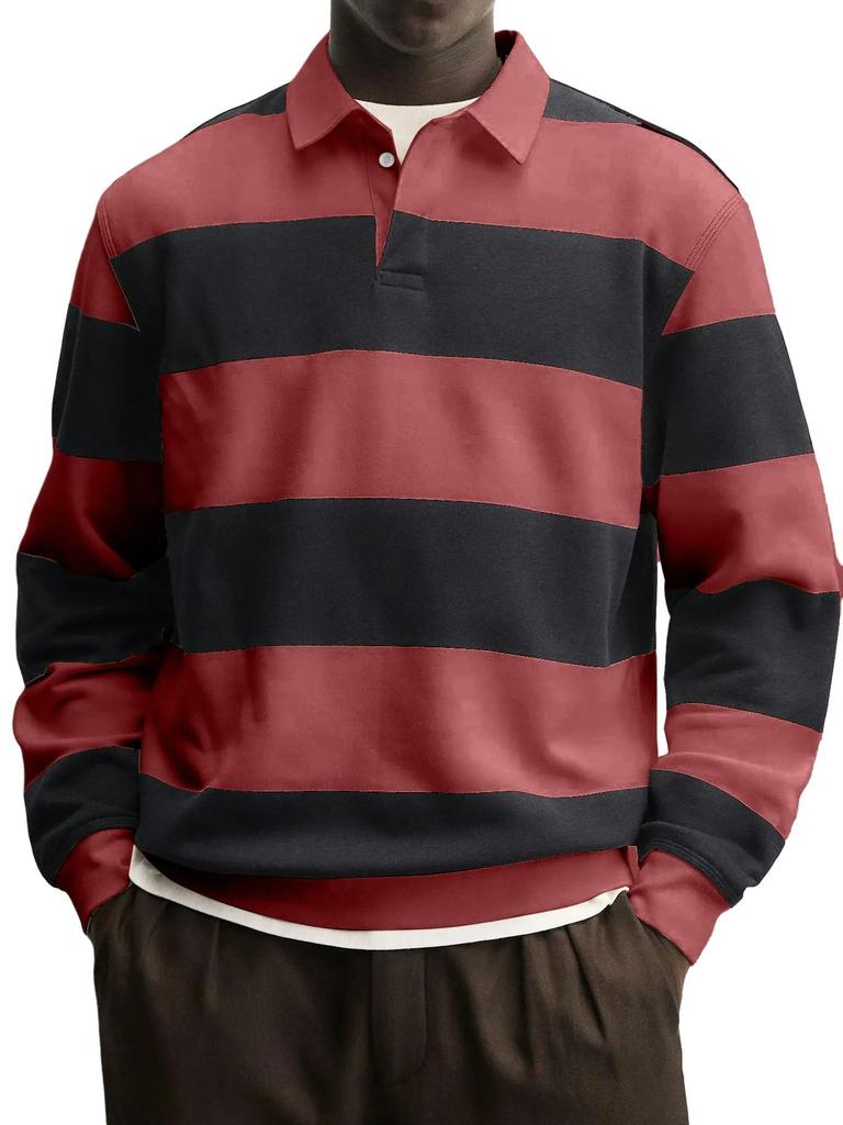 Men's Striped Long Sleeve Polo Shirt Relaxed Fit Turn Down Collar Casual Rugby Style Top