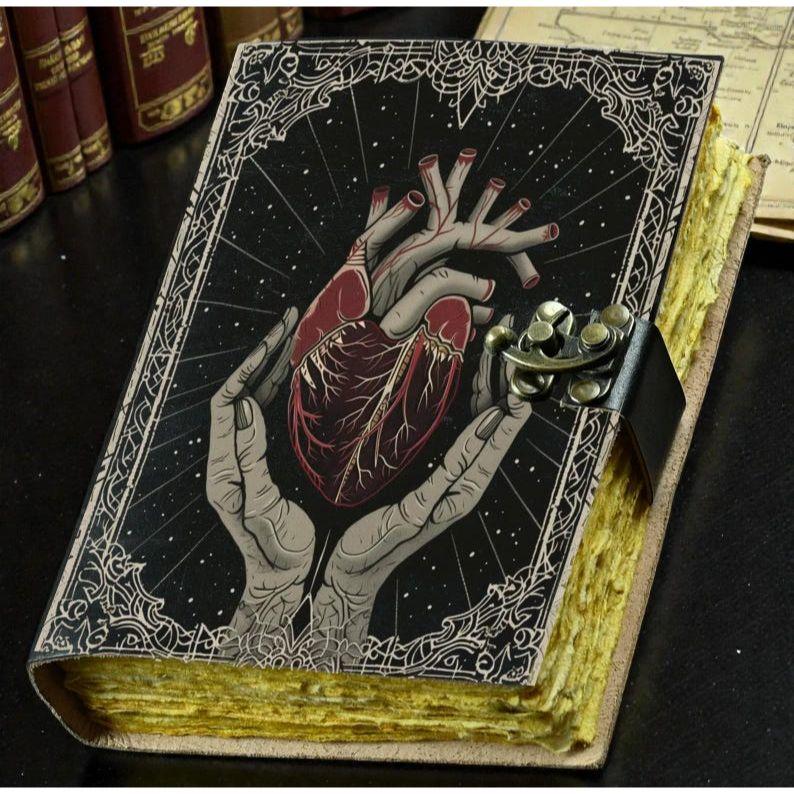 Gothic Leather Journal Anatomical Heart with Lock: Witchy Floral Notebook