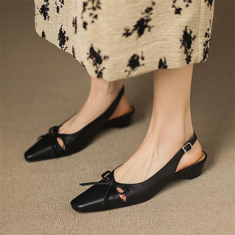 Fashion New Summer Sandals Genuine Leather Women Shoes Square Toe Sandals for Women Fashion Hollow Out Bow Sandals Low Heels Shoes