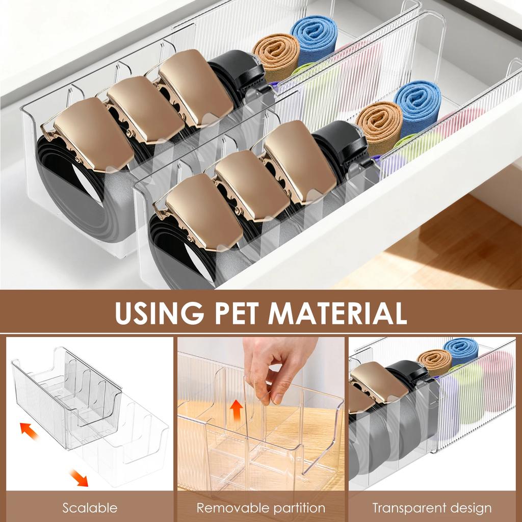 2Pcs Belt Organizer Box 4 Grids Retractable Belt Storage Rack for Closet and Drawer Tie and Belt Plastic Display Case