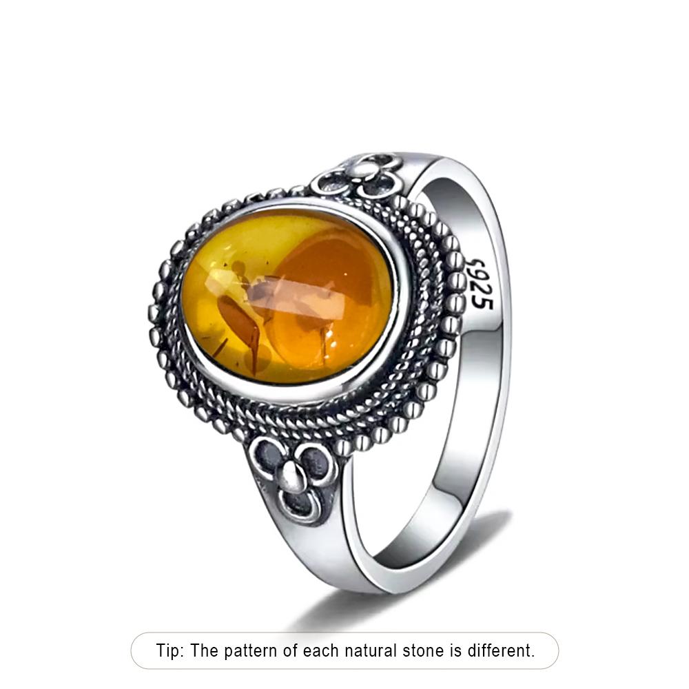 S Sterling Silver Ring With Natural Amber Stone Flower Shape Oval Petal Amber Stone Gifts Fine Jewelry For Women