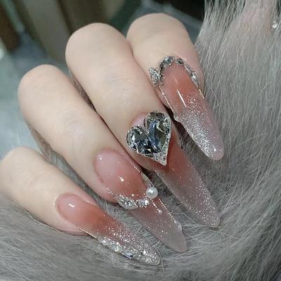 Wearing Armor Pure Handmade Fake Nails Finished Elf Princess Blush Cat Eye Blind Love Diamond Long Nail Art Patch