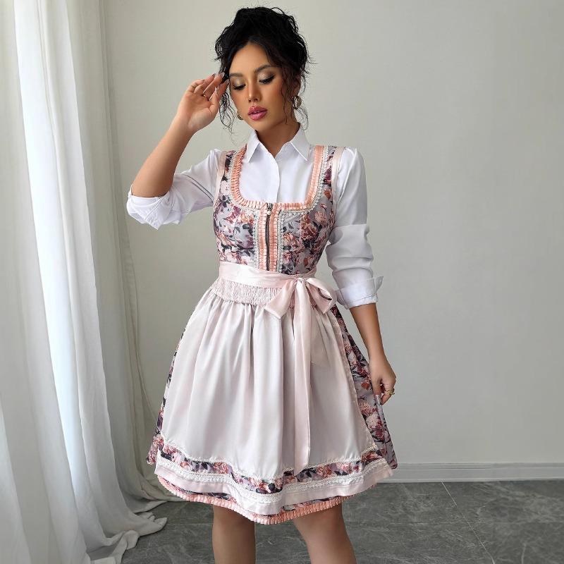 Simple and Fashionable Style Print Floral Bouquet Waist Long Dress Dress Women's Spring and Summer
