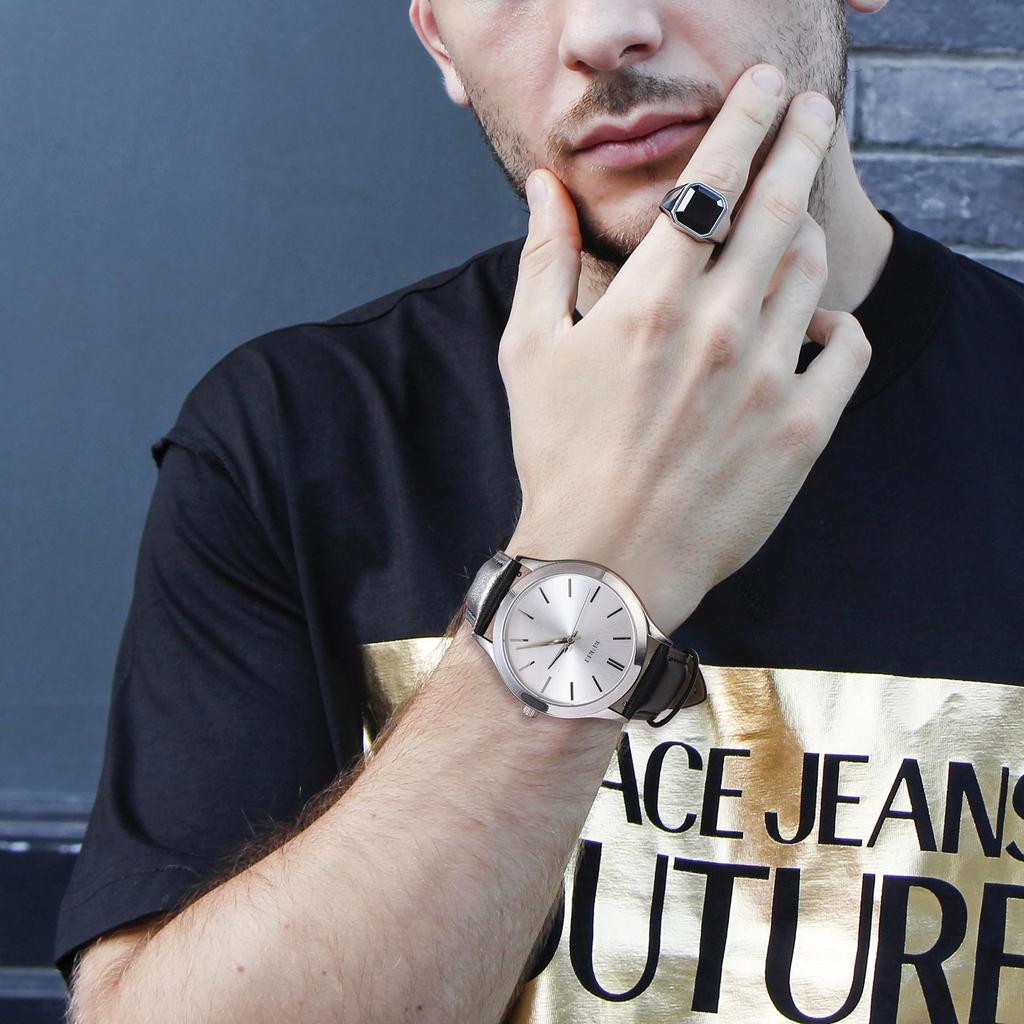 BUREI Men's Analog Quartz Watch, Waterproof, Popular, Slim, Simple, Stylish, Business, Casual, Leather Strap (Silver, Black, Leather)