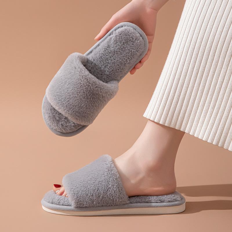 Womens Plush Slippers Open Toe Fluffy House Shoes Winter Warm Cozy Home Footwear Soft Faux Fur Indoor Slides