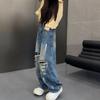 2026 Spring Plus Size High-Waisted Ripped Wide-Leg Jeans for Pear-Shaped Figures - Slimming, Loose, and Floor-Length