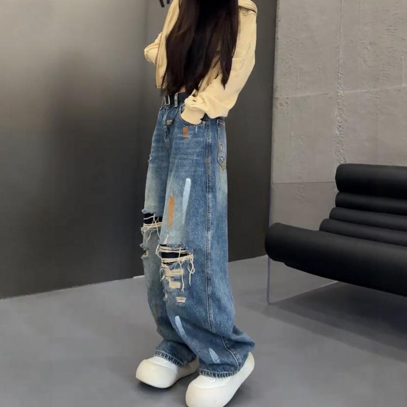 2026 Spring Plus Size High-Waisted Ripped Wide-Leg Jeans for Pear-Shaped Figures - Slimming, Loose, and Floor-Length