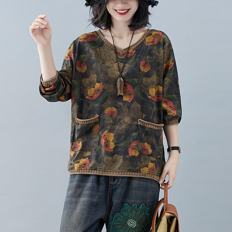 

Трикотажные футболки с V-образным вырезом, свободного кроя, с длинным рукавом, топы, женская осенняя мода, с цветочным принтом, вставки, пуловеры, женская повседневная верхняя одежда XXL