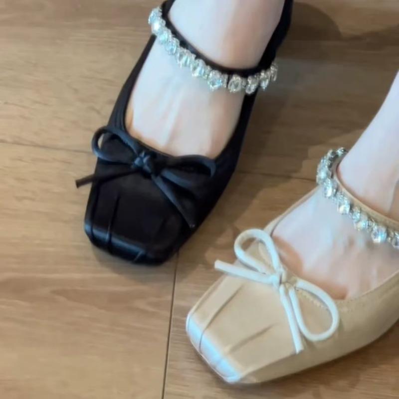 2025hot Sale New Spring Crystal Buckle Women Mary Jane Shoes Fashion Butterfly-knot Female Elegant Square Toe Thick Heel Shoes