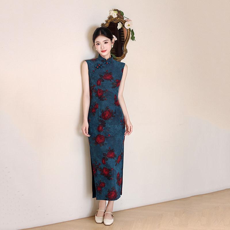 Blue sleeveless national style new Chinese daily Suzhou long cheongsam improved young 1011 new women's high sense