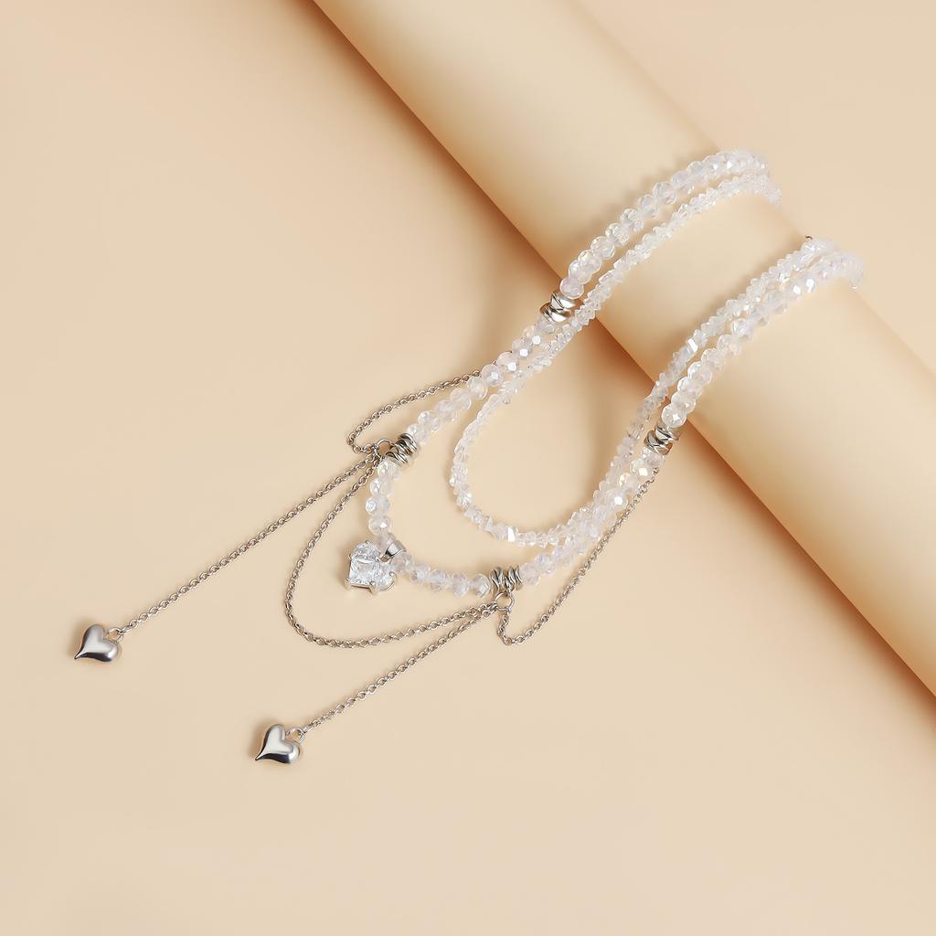 Heart-shaped Zircon Double Chain Tassel Design Collarbone Chain Crystal Necklace