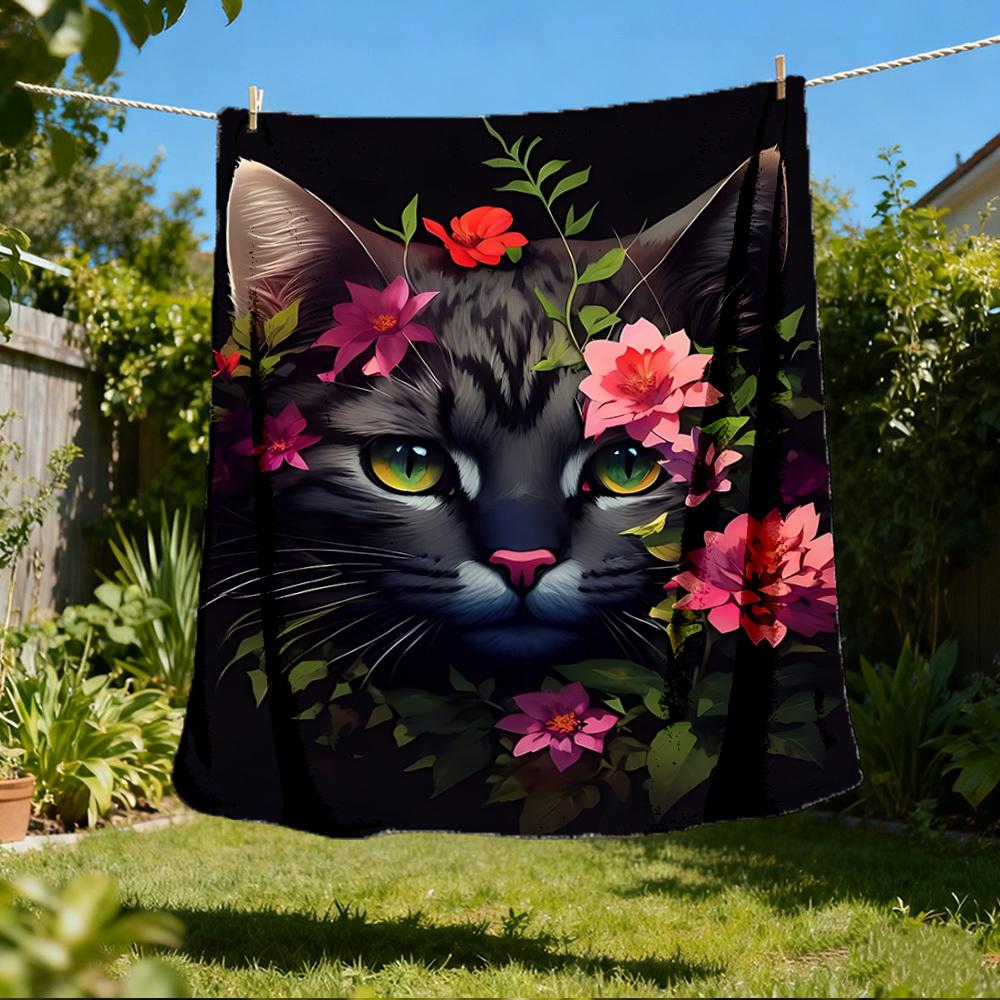 1pc Floral Cat Artwork Outdoor Soft Polyester Flannel Throw Blanket Versatile for All Seasons , Soft , Cozy , Warm All Season Quilted Throw , 80x120cm