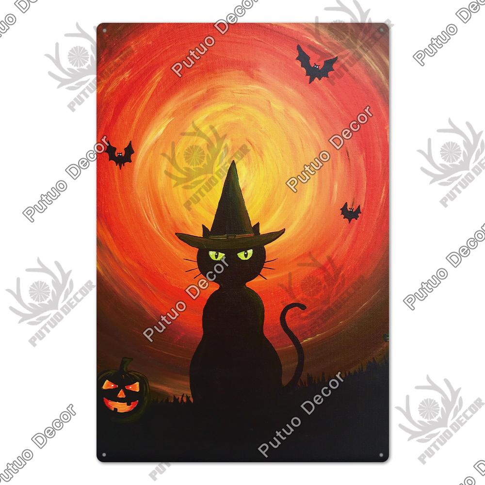 Putuo Decor Halloween Schwarze Katze Vintage Metallschild Plakette Metall Vintage Blechschild für Wohnzimmer Tür Tierhandlung Wanddekoration